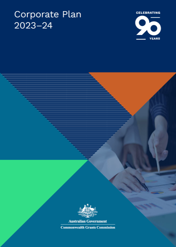 Cover page to the corporate plan, geometry shapes (blue, orange, and green) with an image of hands looking over economic papers