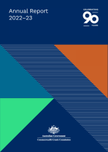 Image of the cover page of the CGC annual report with triangles shapes in the background, with agency crest and 90 years of the CGC logo